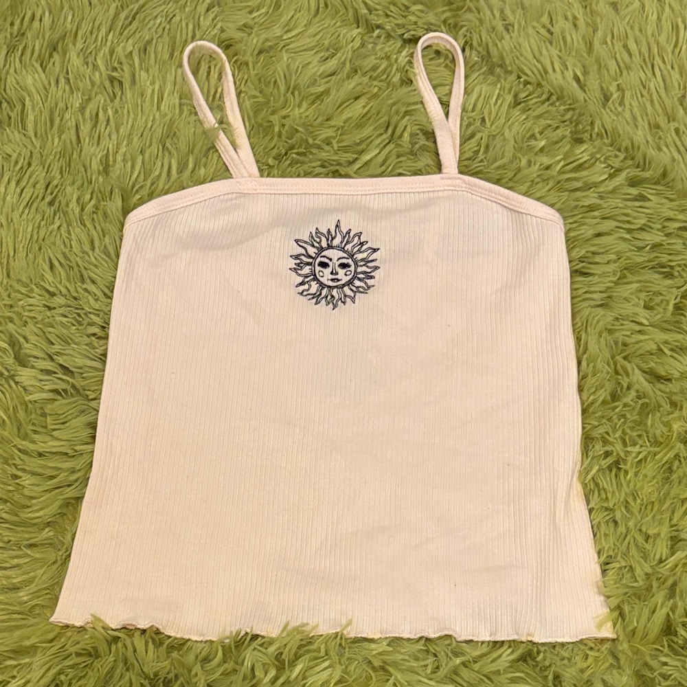 Sun Embroidered blush Pink Ribbed Spaghetti Strap Tank Top